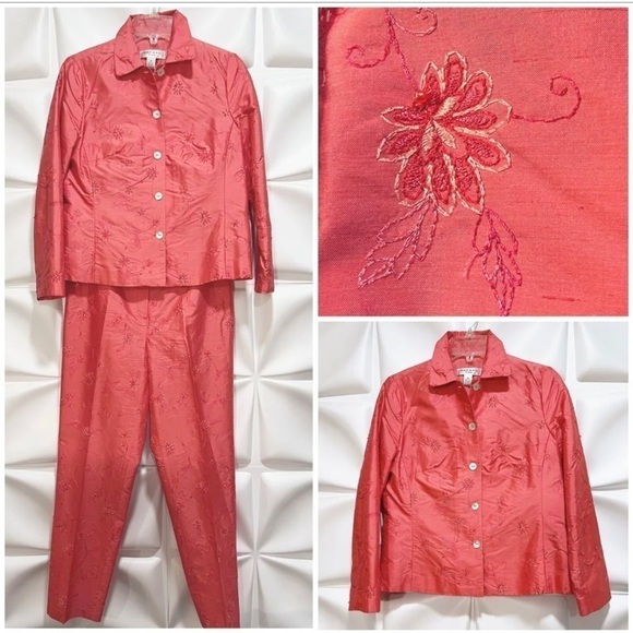 Rafael Sz 6 6P P6 Pink Embroidered 100% SILK Dupioni Beaded Pant Jacket 2pc Set - Picture 1 of 10